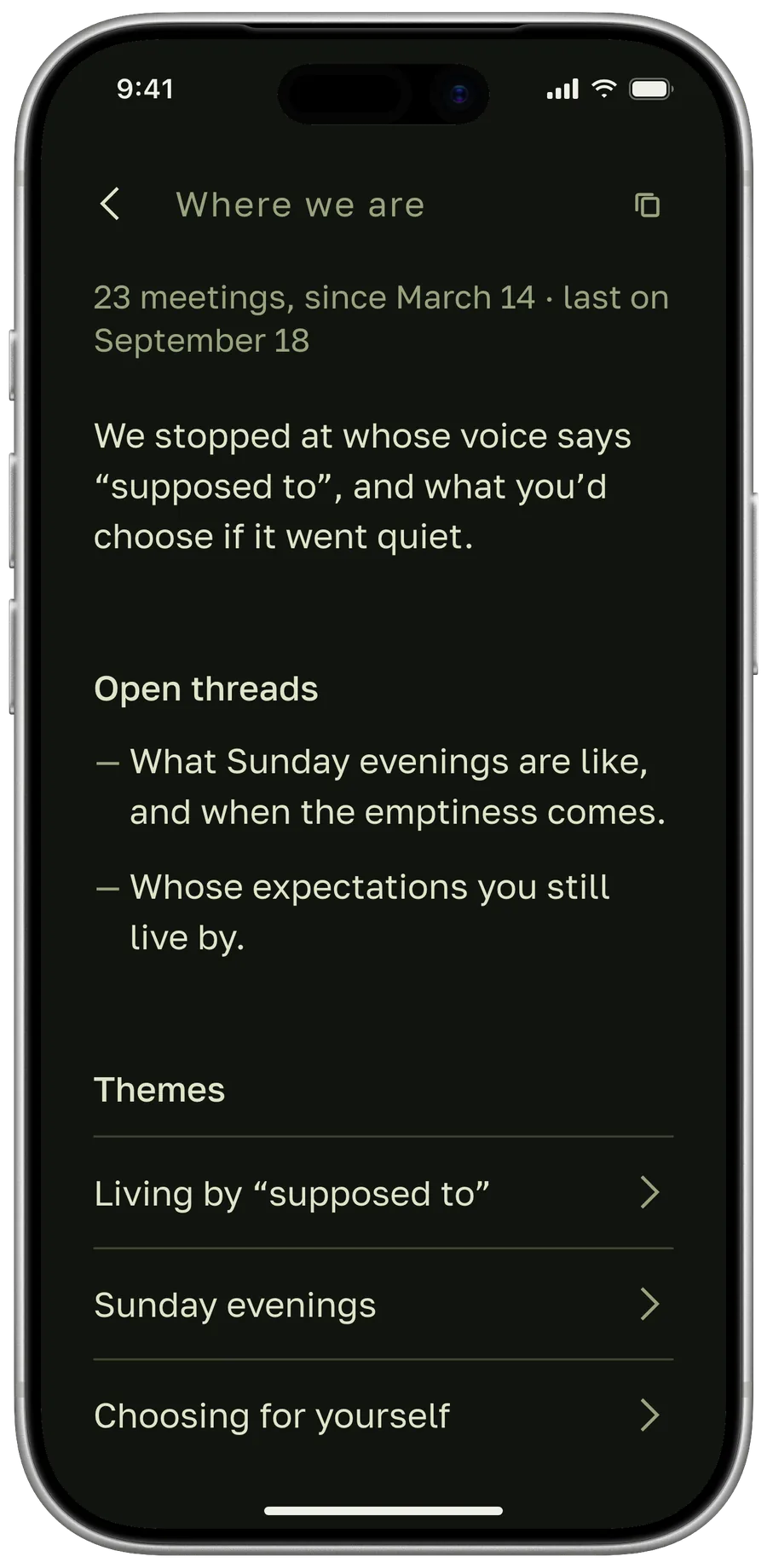 The “Where we are” screen: open threads and themes across meetings