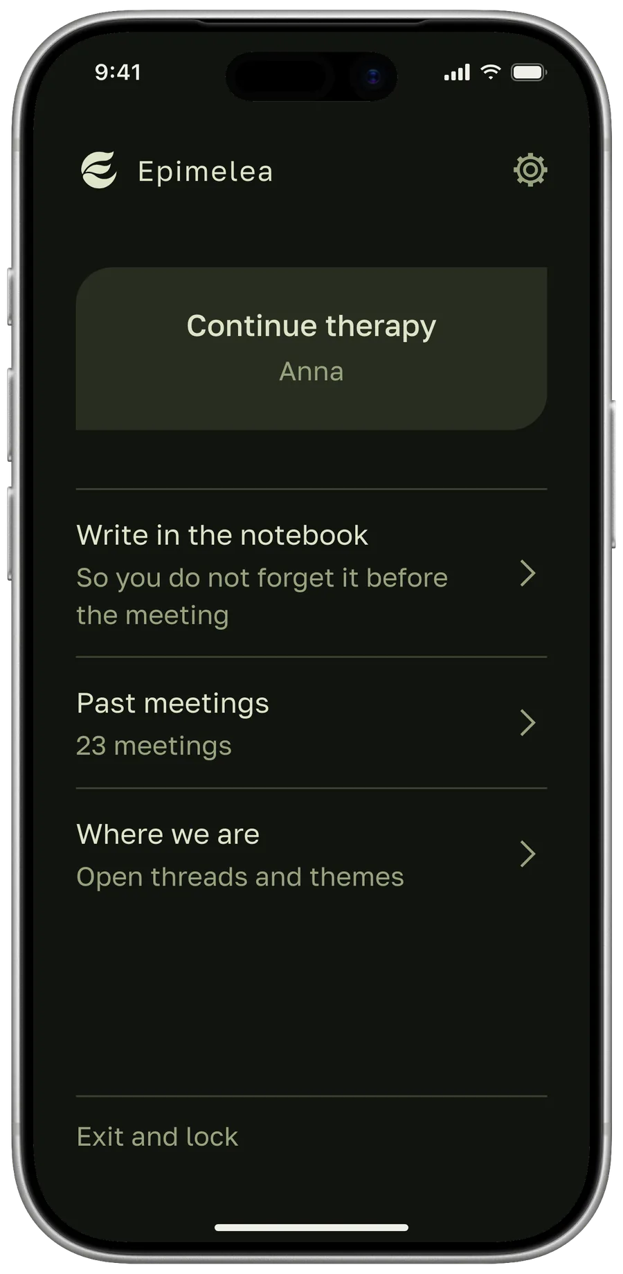 Epimelea home screen: continue therapy, notebook, past meetings